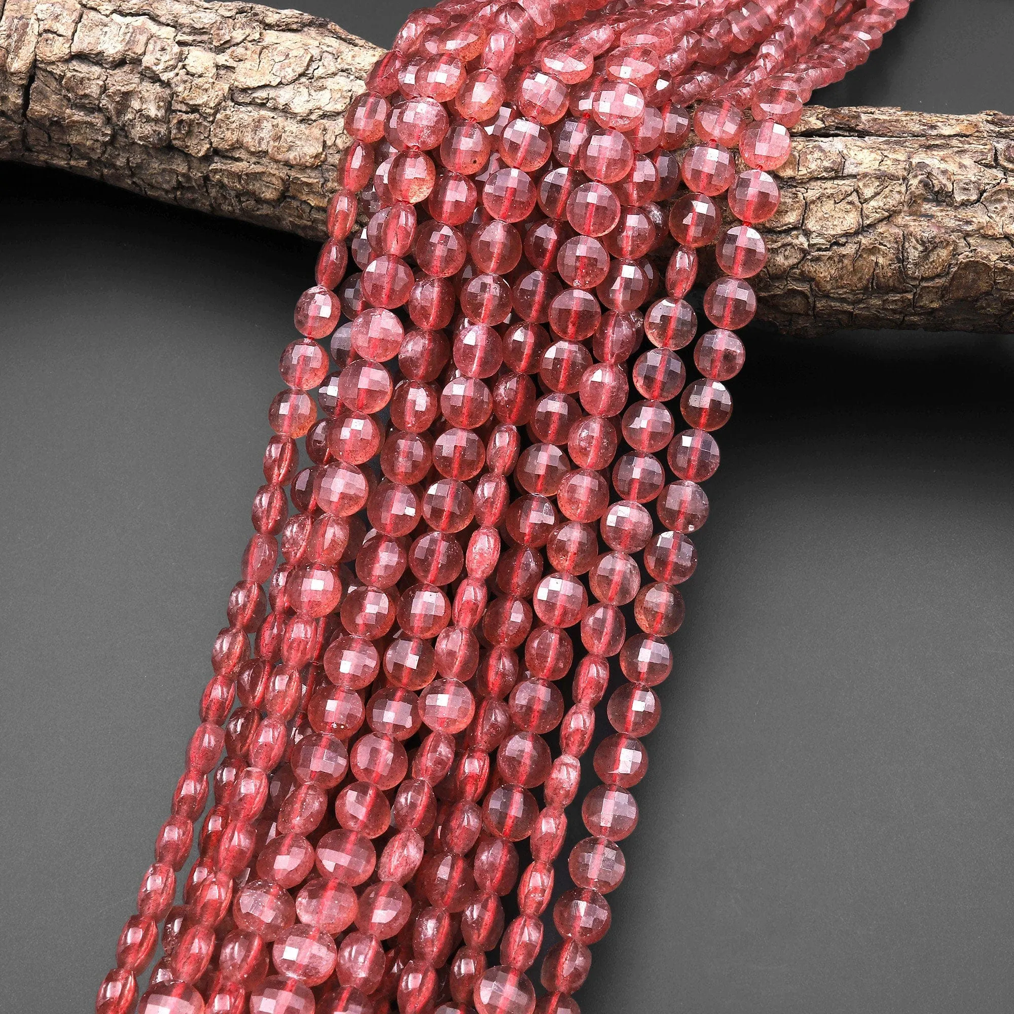 AAA Faceted Natural Red Strawberry Quartz 8mm Coin Beads 15.5" Strand