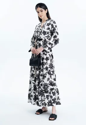 Allover Contrast Printed Tiered Flared Dress