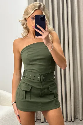 Amara Khaki Bandeau Belted Pocket Detail Cargo Playsuit