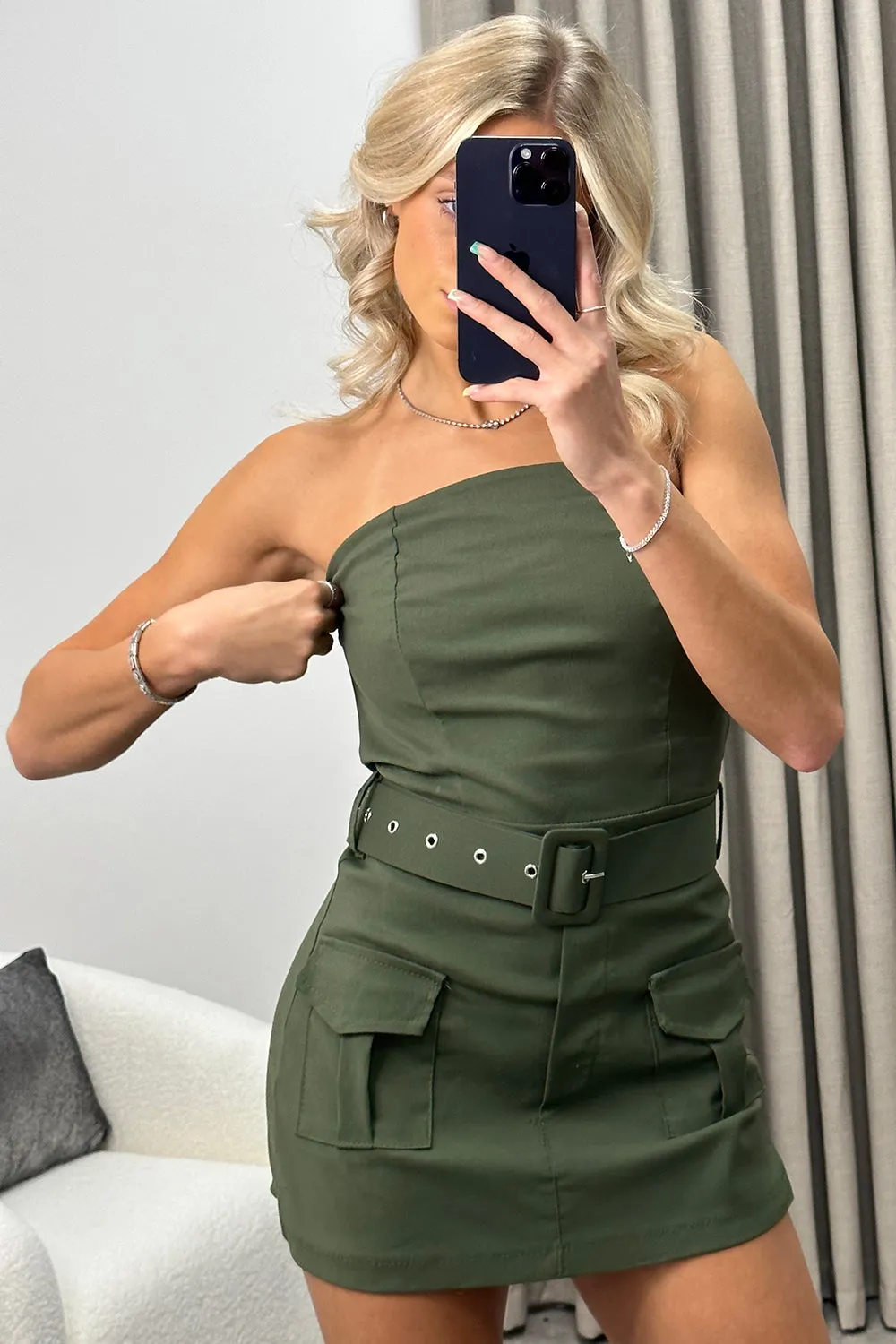 Amara Khaki Bandeau Belted Pocket Detail Cargo Playsuit