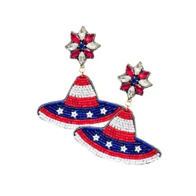 American USA Flag Hat Beaded Dangle Earrings