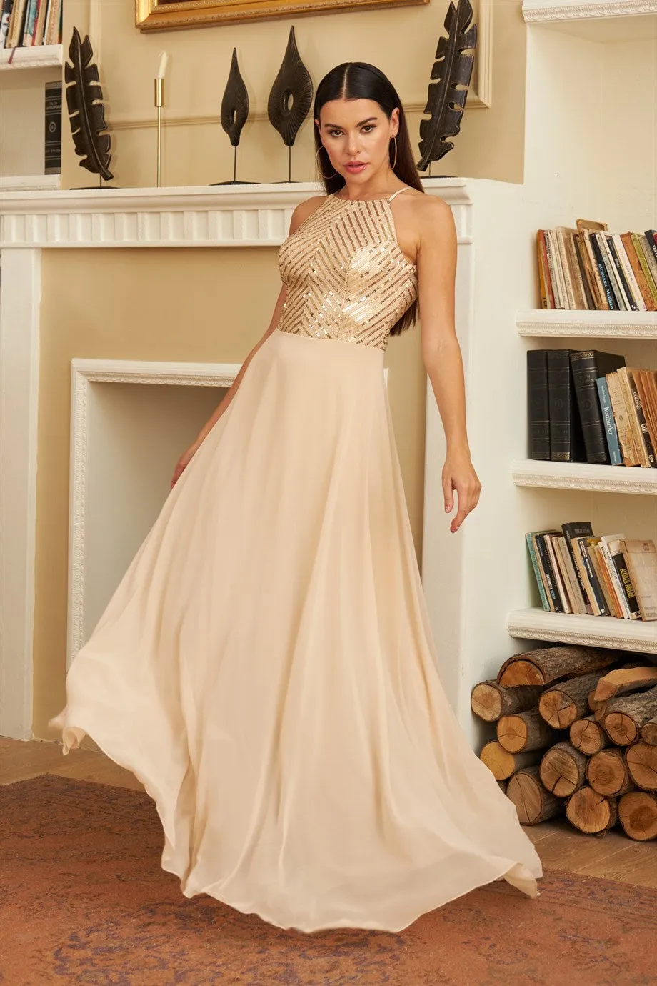 Angelino Gold Stamp Sequatry Chiffon Long Evening Dress