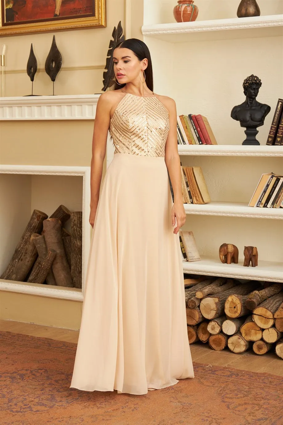 Angelino Gold Stamp Sequatry Chiffon Long Evening Dress