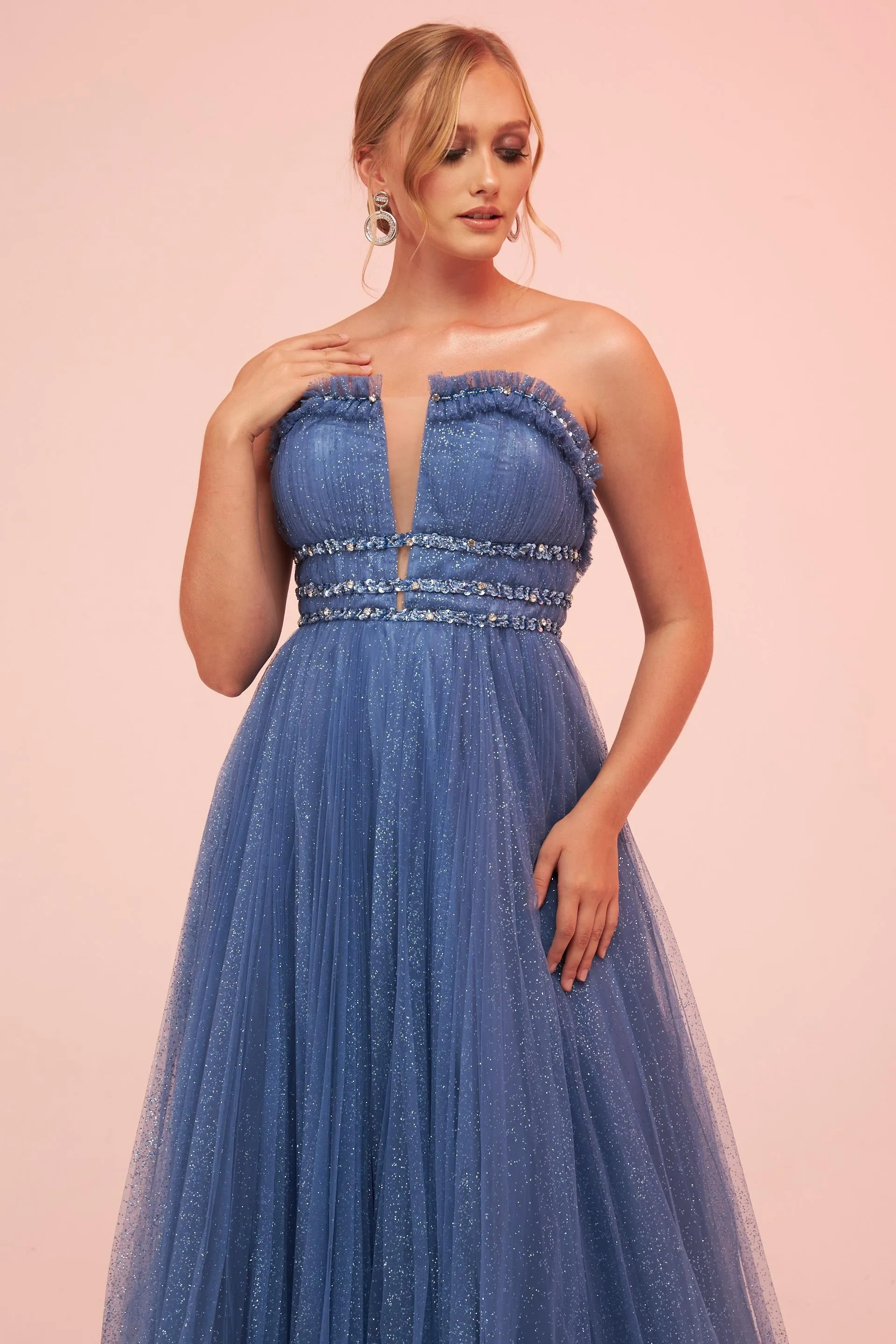 Angelino Indigo Strapless Backless Tulle Engagement Dress