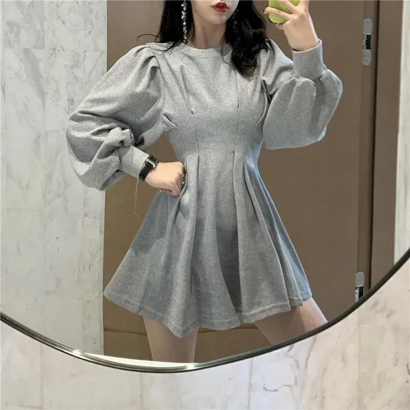 Autumn Black Mini Dress Spring Fashion Korean Style Wrap Long Sleeve Pleated Dress Casual Wrap Streetwear Women Kpop