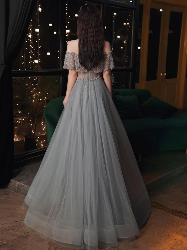 Beautiful Beaded Off Shoulder Tulle Prom Dress, A-line Grey Evening Dress Party Dress KS3820