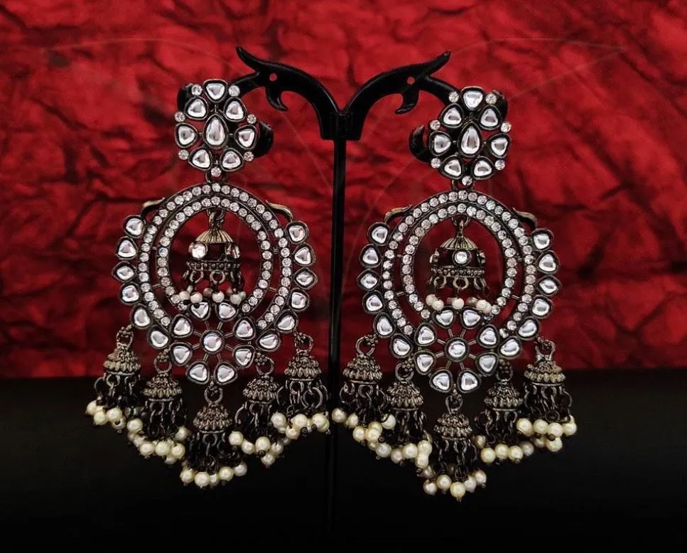 Beautiful Black Rodium Kundan Earrings With White Stones