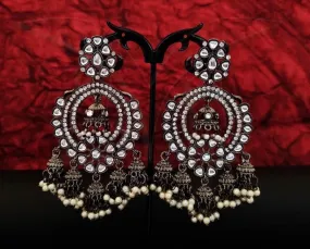 Beautiful Black Rodium Kundan Earrings With White Stones