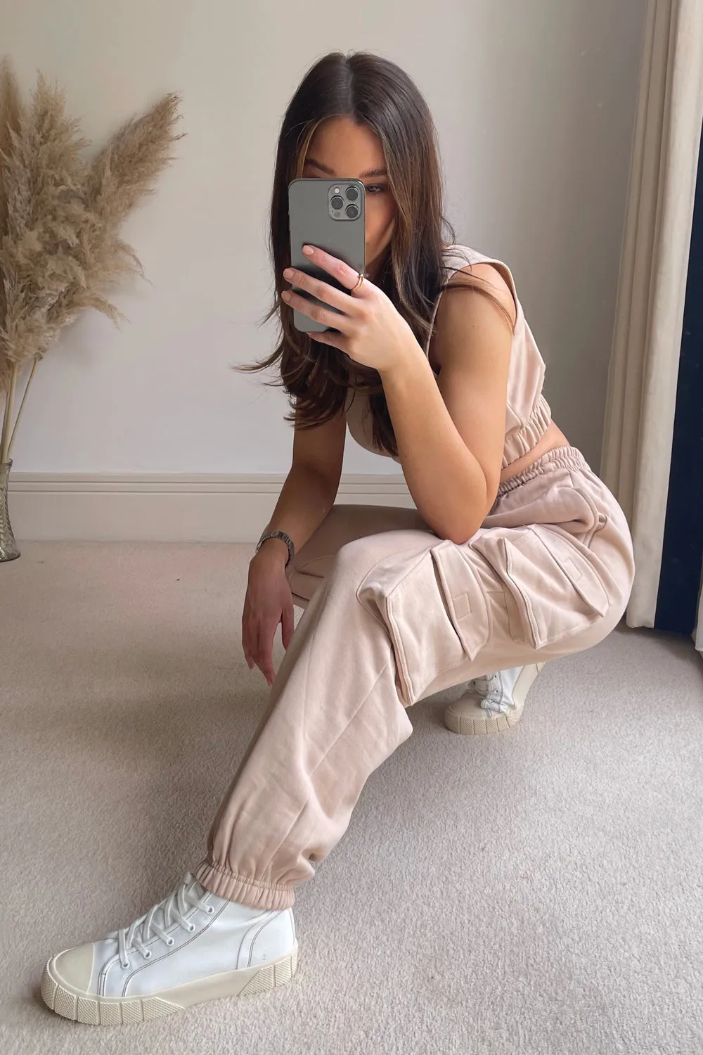 Beige Crop Top and Cargo Joggers Co-ord Set