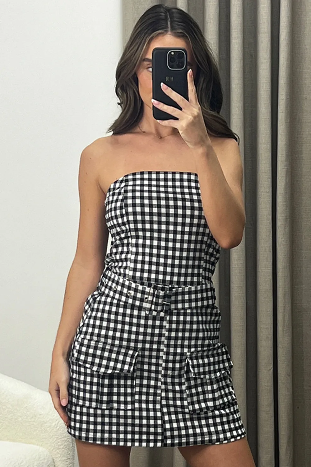 Beka Black and White Gingham Print Bandeau Belted Pocket Detail Cargo Playsuit