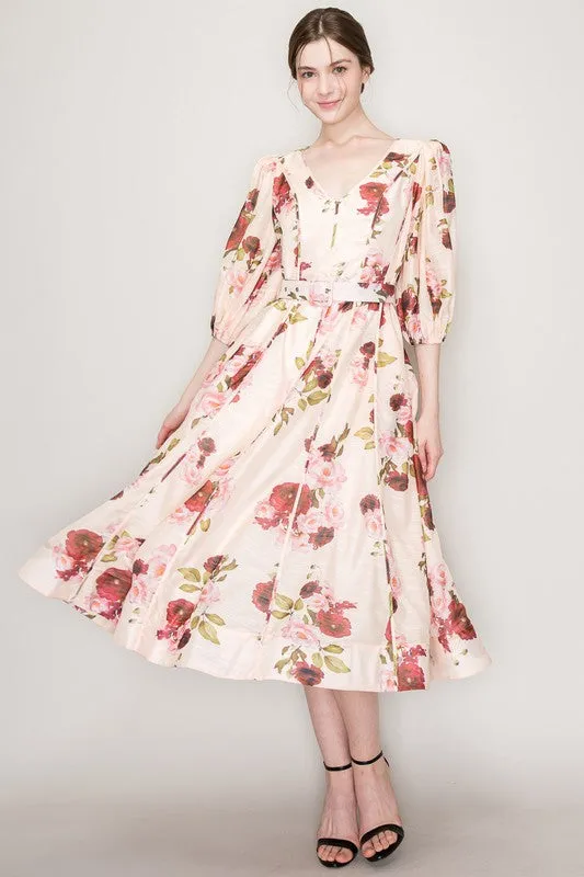 Belted Floral Puff Dress