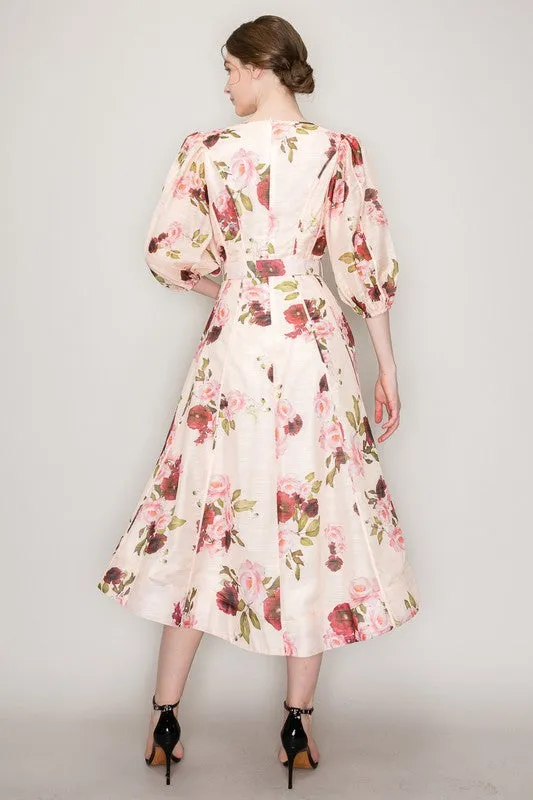 Belted Floral Puff Dress