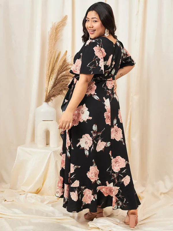 Berrylush Curve Women Black Floral Print V-Neck A-line Maxi Dress