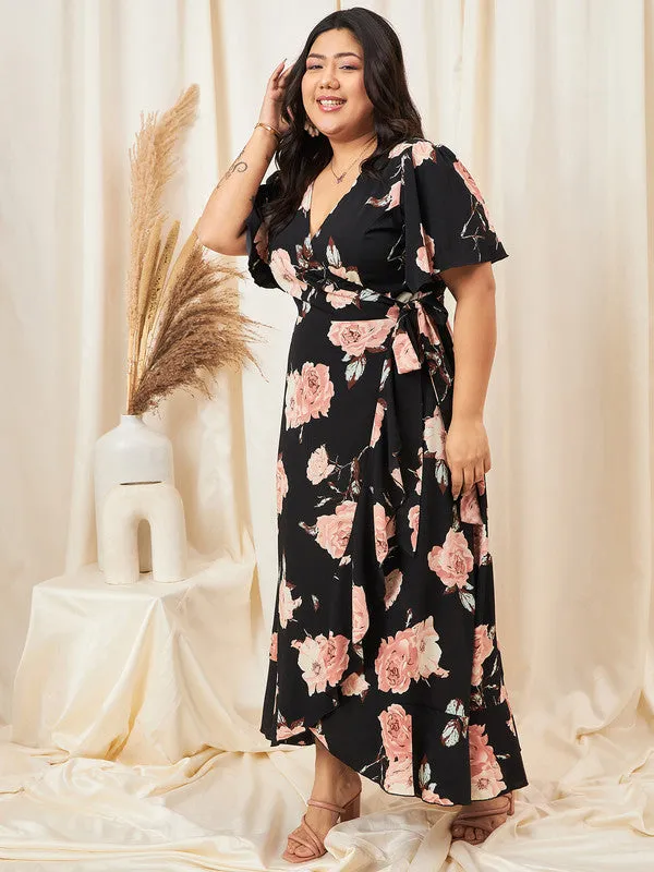 Berrylush Curve Women Black Floral Print V-Neck A-line Maxi Dress