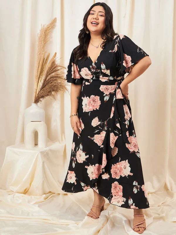 Berrylush Curve Women Black Floral Print V-Neck A-line Maxi Dress