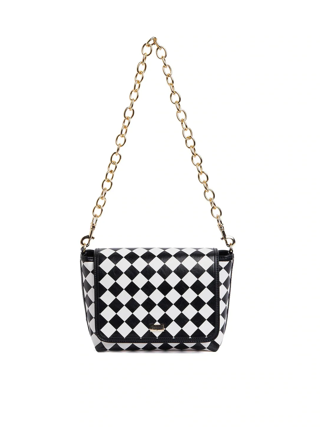 Berrylush Women Black & White Geometric Checked Pattern PU Detachable Sling Strap Structured Small Shoulder Bag