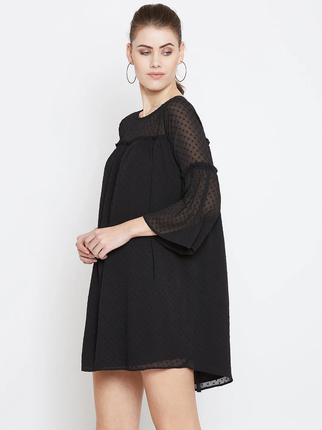 Berrylush Women Black Self-Design Round-Neck High-Low Hem A-Line Mini Dress