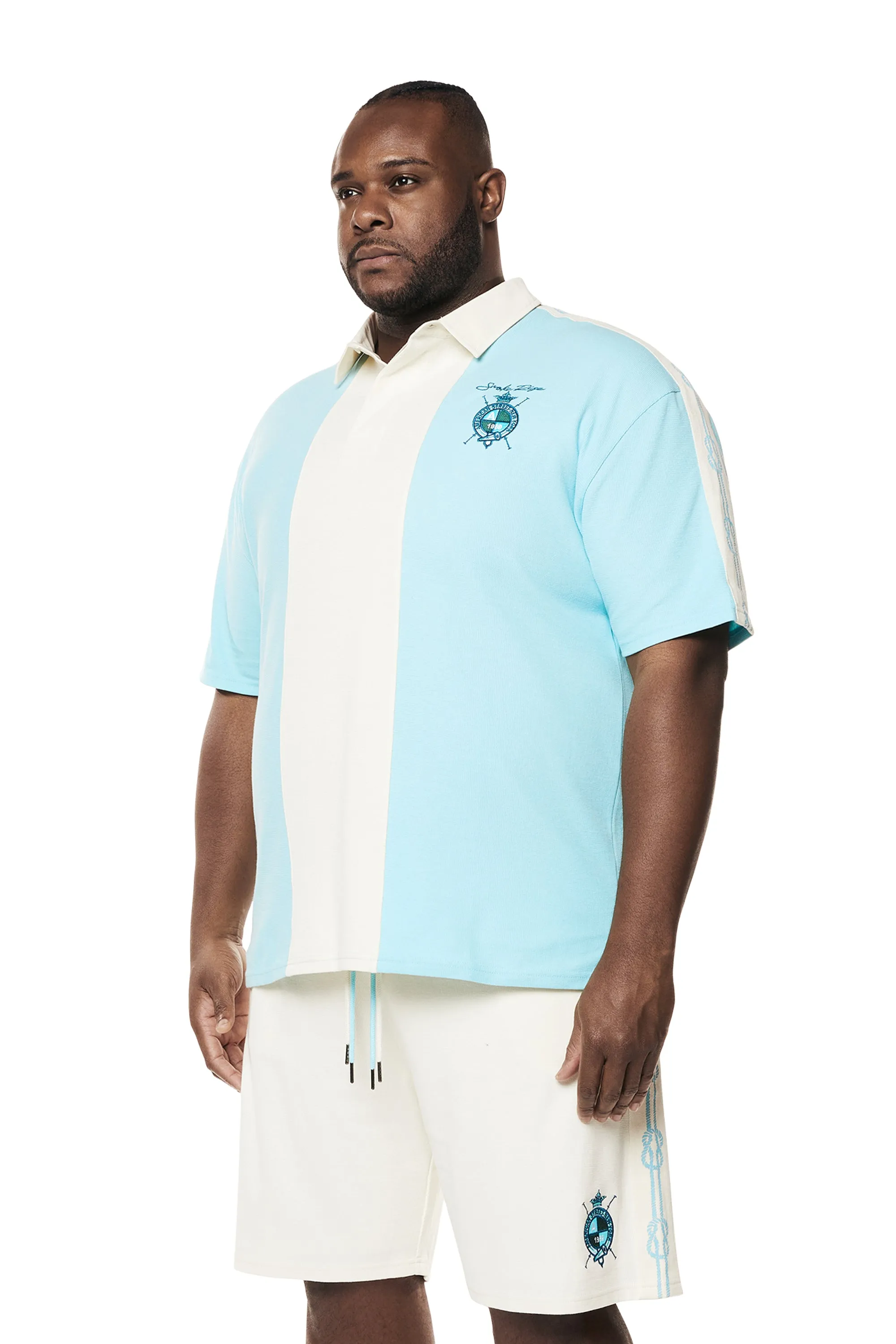 Big and Tall - Crest Embroidered Striped Waffle Rugby Shirt - Paradise Blue