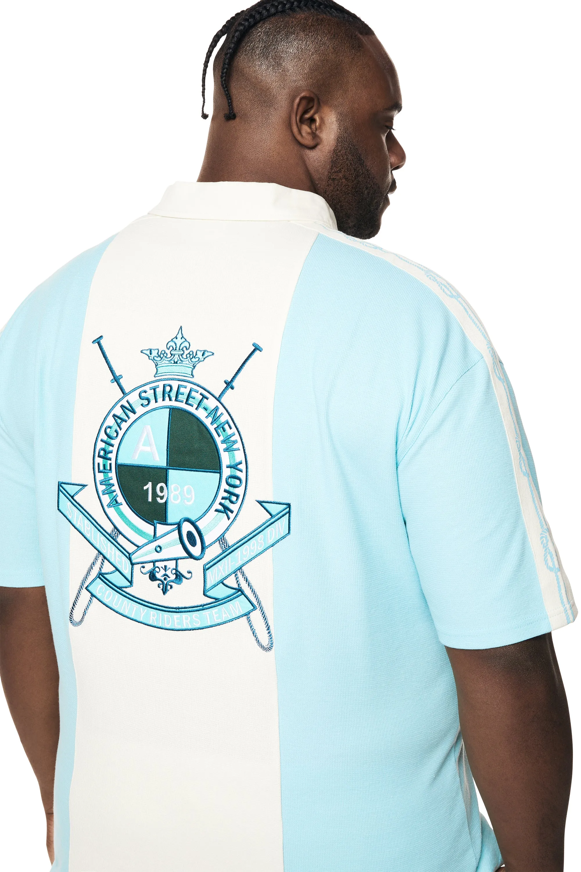 Big and Tall - Crest Embroidered Striped Waffle Rugby Shirt - Paradise Blue