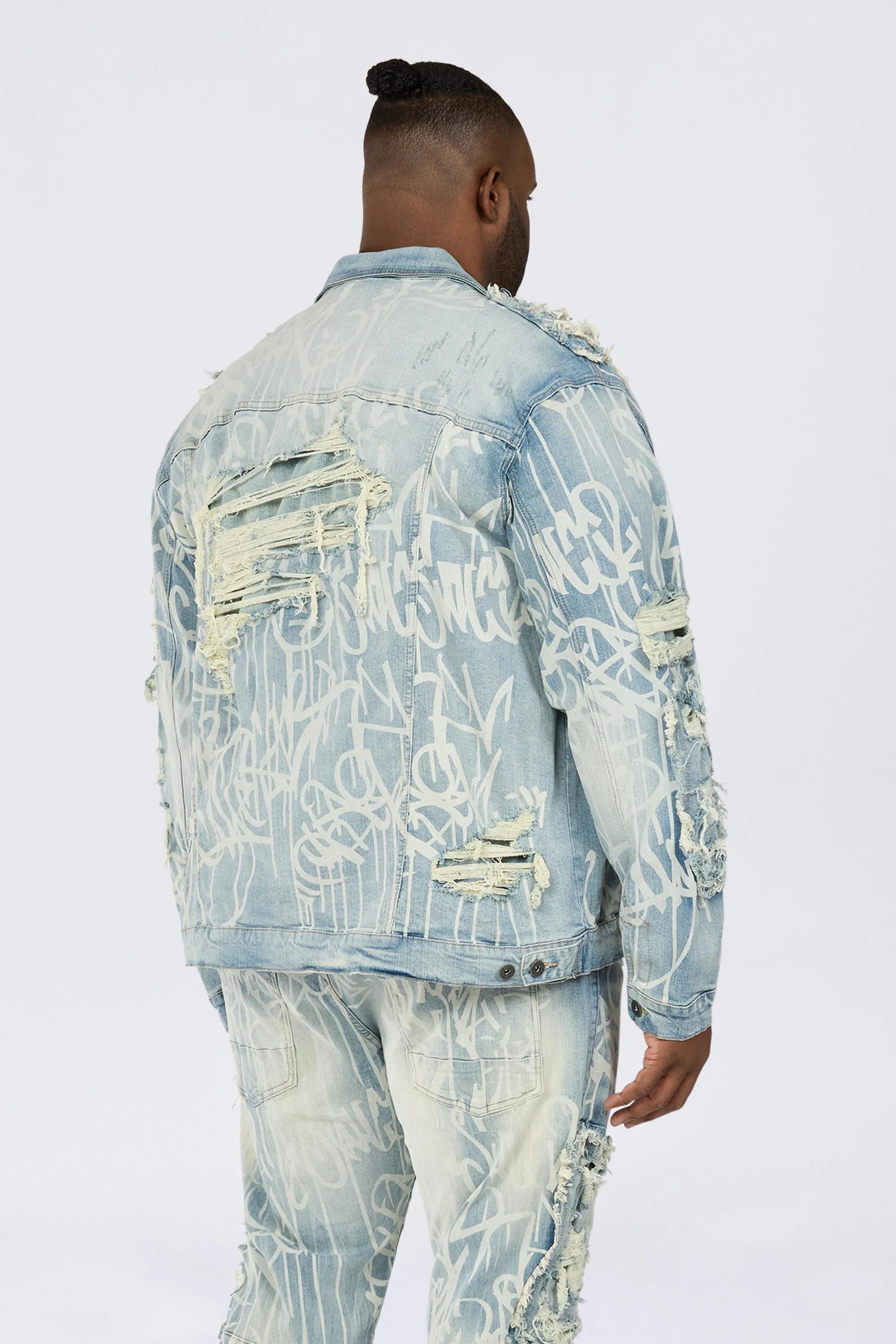 Big and Tall - Heavy Rip & Repair Doodle Jean Jacket - Nassau Blue