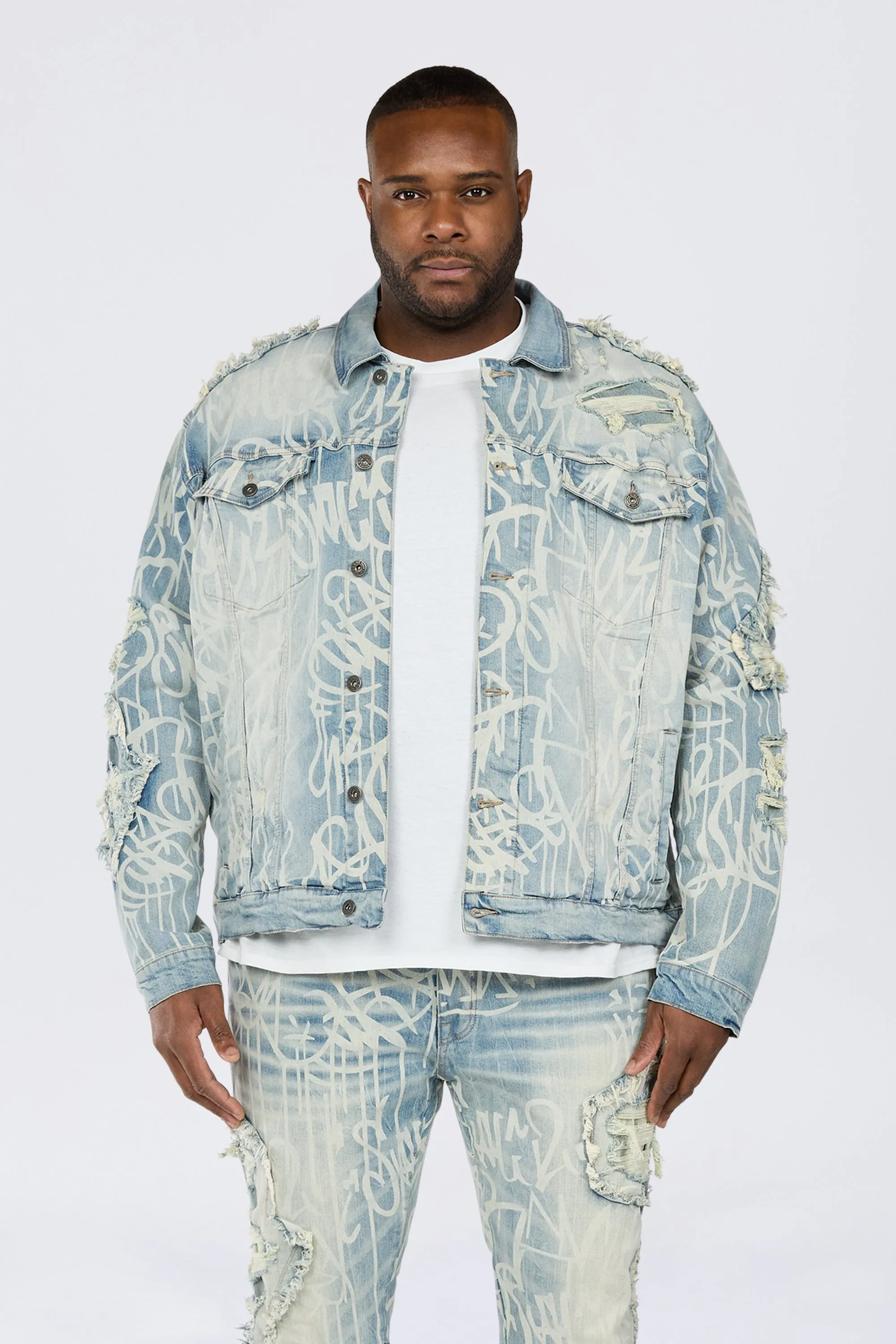 Big and Tall - Heavy Rip & Repair Doodle Jean Jacket - Nassau Blue