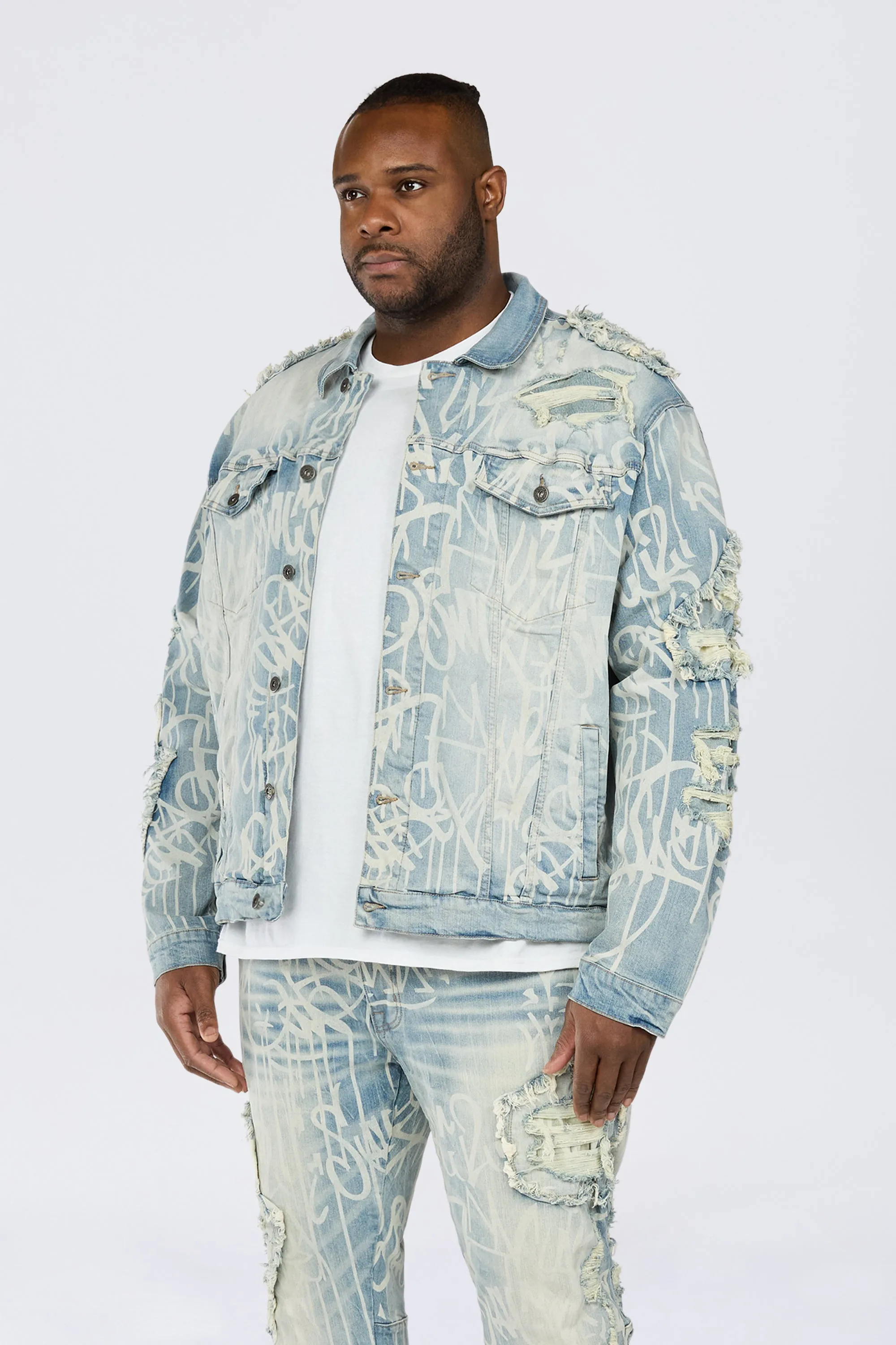 Big and Tall - Heavy Rip & Repair Doodle Jean Jacket - Nassau Blue