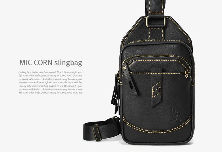 Black Genuine Cowhide Leather Sling Bags Messengers Travel Backpacks