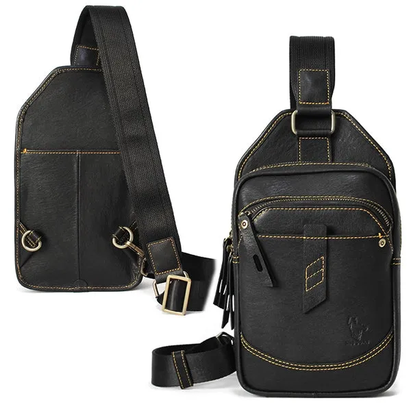 Black Genuine Cowhide Leather Sling Bags Messengers Travel Backpacks