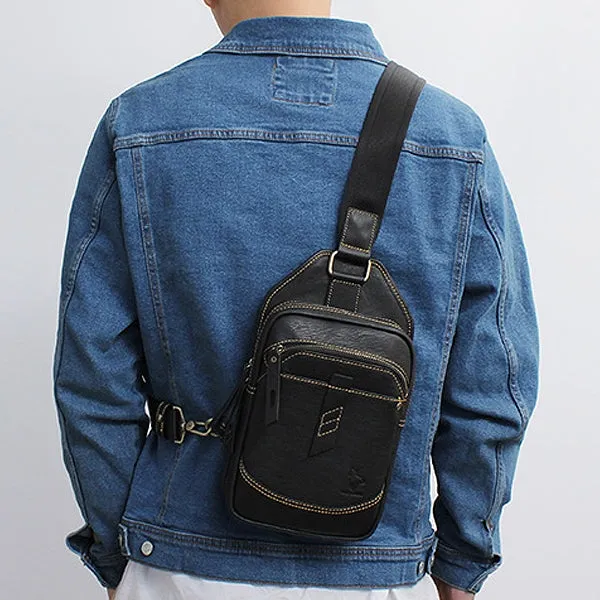 Black Genuine Cowhide Leather Sling Bags Messengers Travel Backpacks