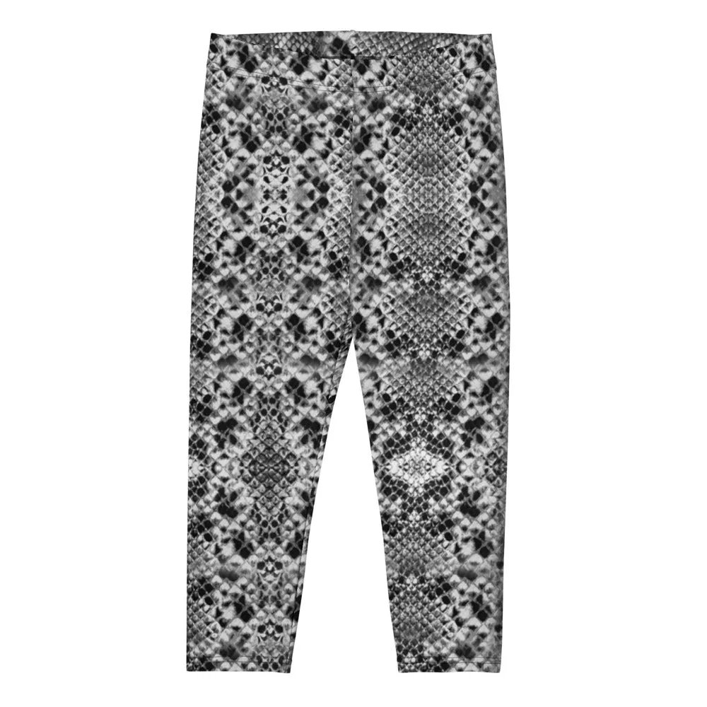 Black Snakeskin Print Capri Leggings, Designer Python Snake Skin Women's Capris Tights-Made in USA/EU