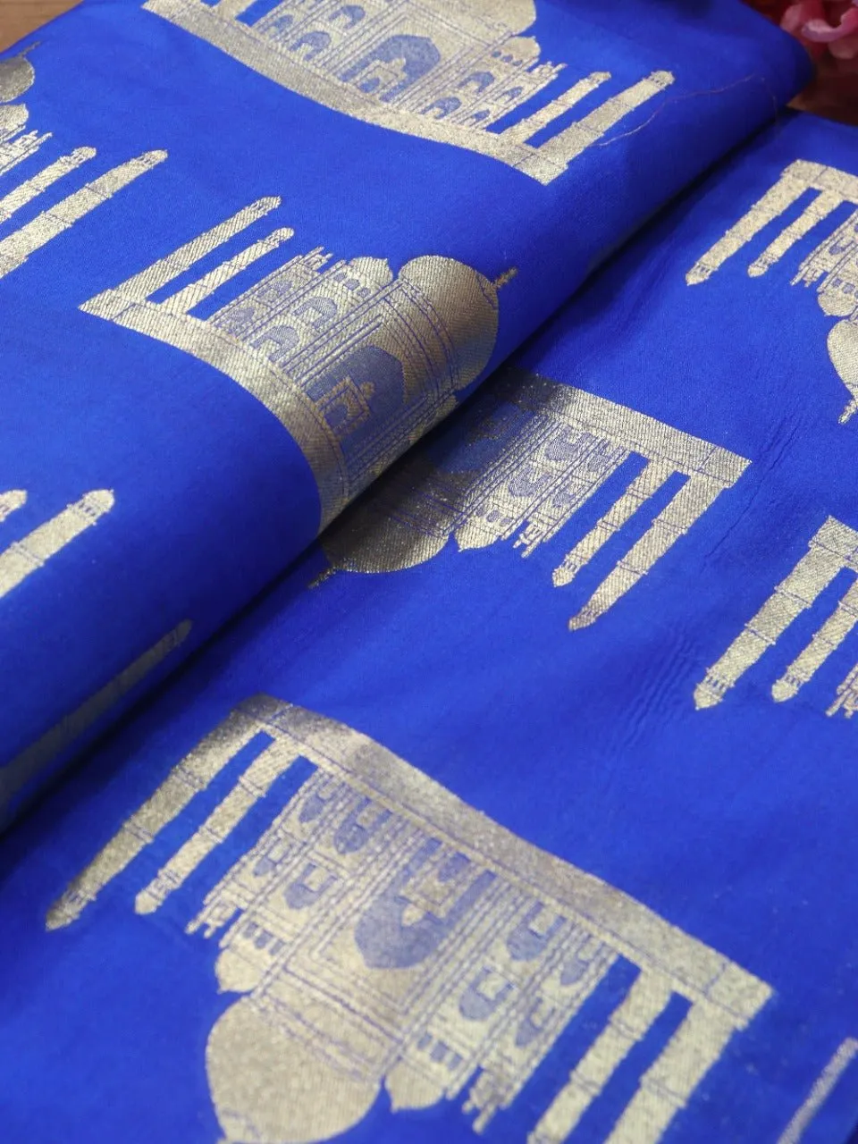 Blue Banarasi Silk Taj Mahal Design Fabric ( 1 Mtr)