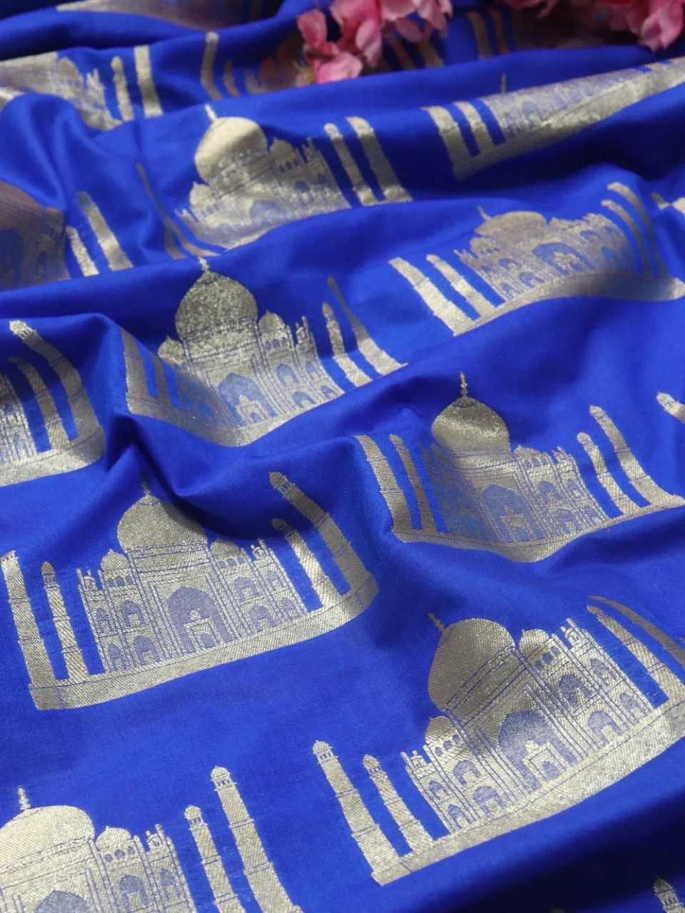 Blue Banarasi Silk Taj Mahal Design Fabric ( 1 Mtr)