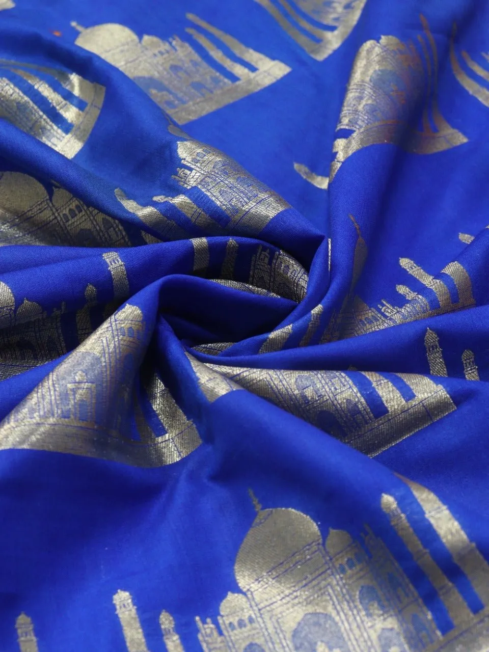 Blue Banarasi Silk Taj Mahal Design Fabric ( 1 Mtr)