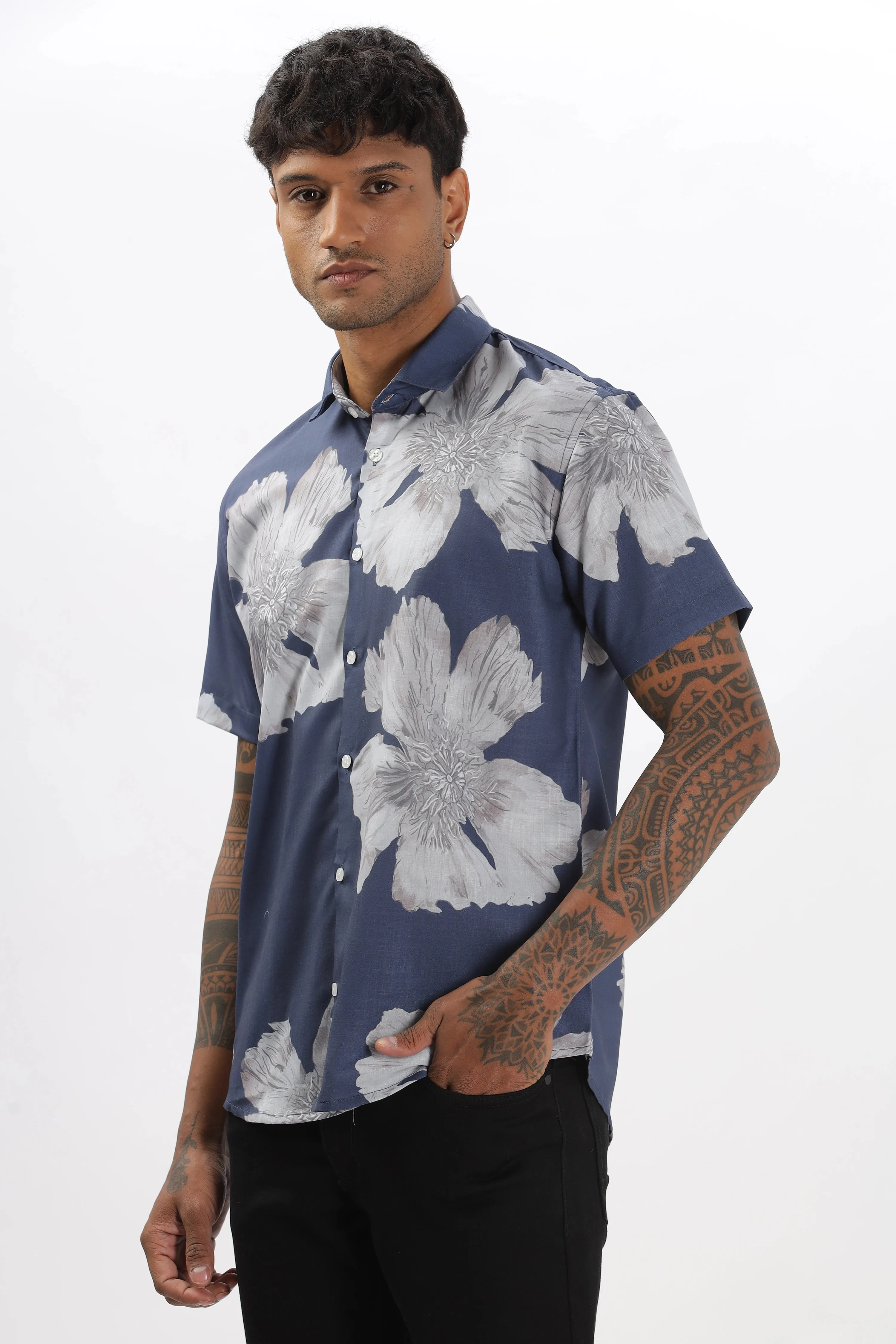 Blue big flower printed shirt