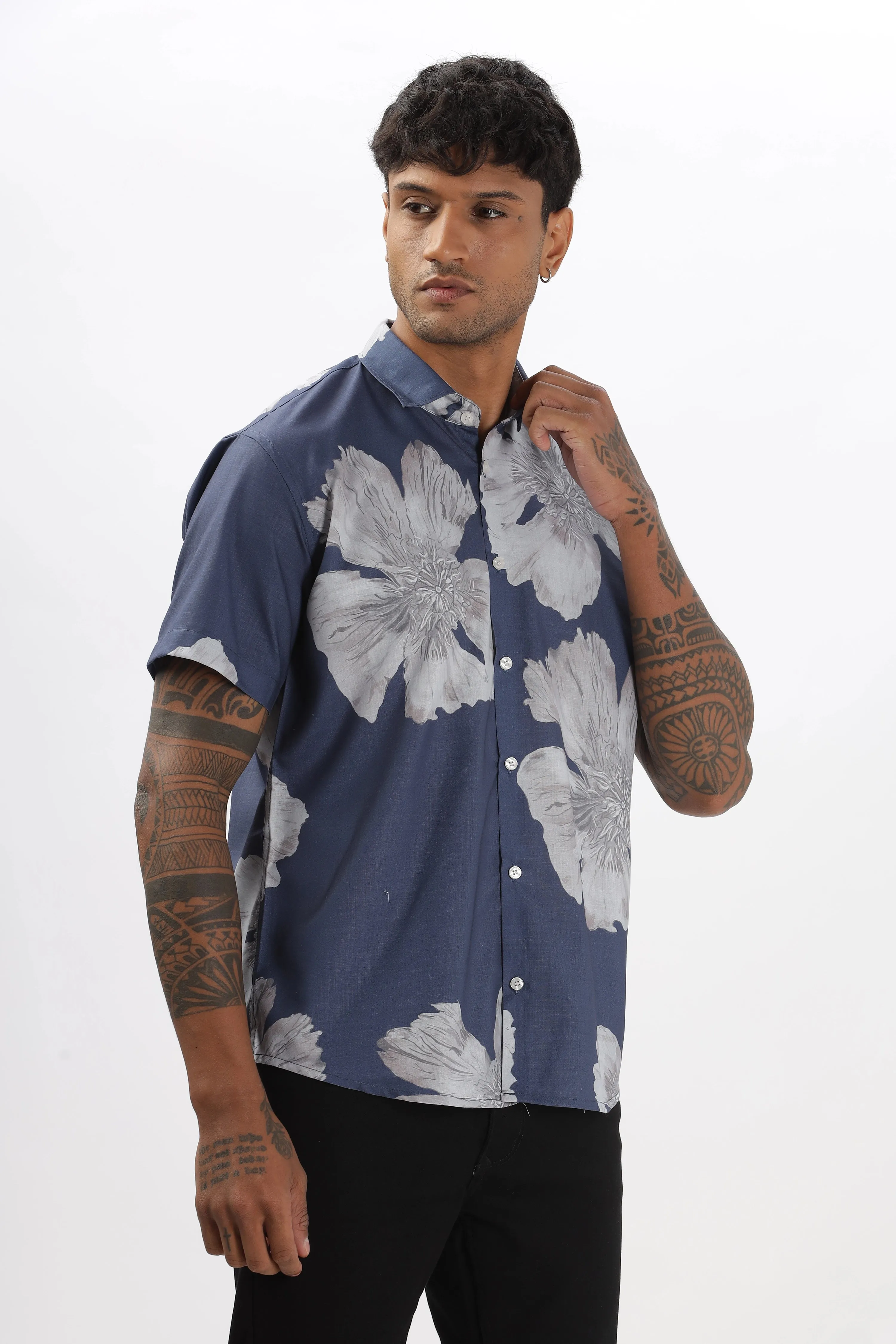 Blue big flower printed shirt