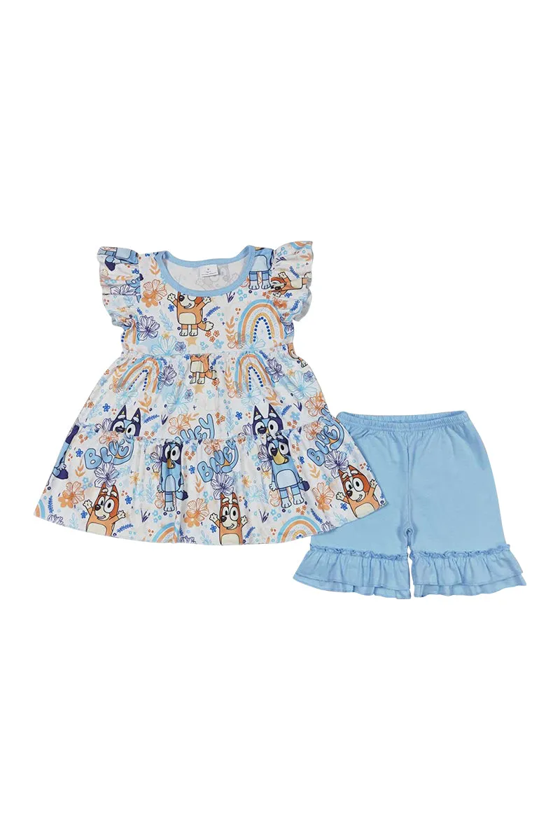 Blue character print ruffle girl set