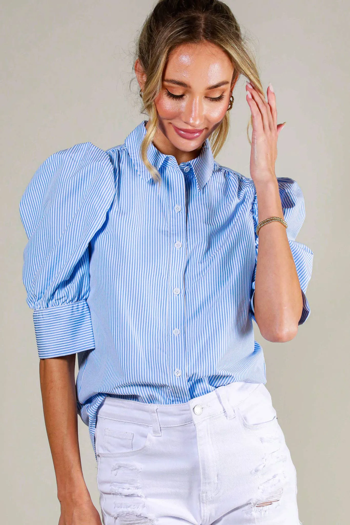 BLUE COLLARED NECKLINE PUFF SLEEVE STRIP PRINT BLOUSE TOP