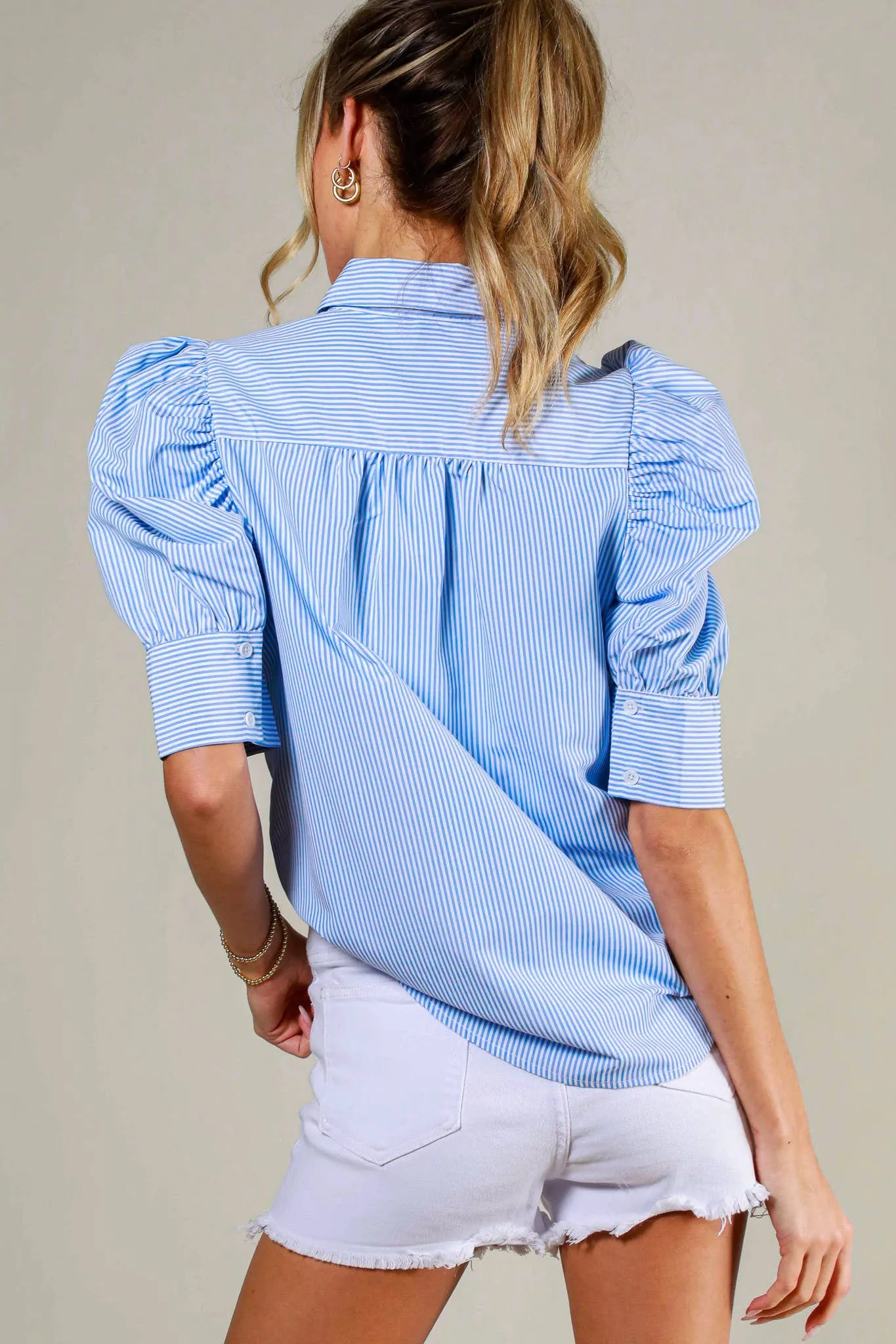 BLUE COLLARED NECKLINE PUFF SLEEVE STRIP PRINT BLOUSE TOP