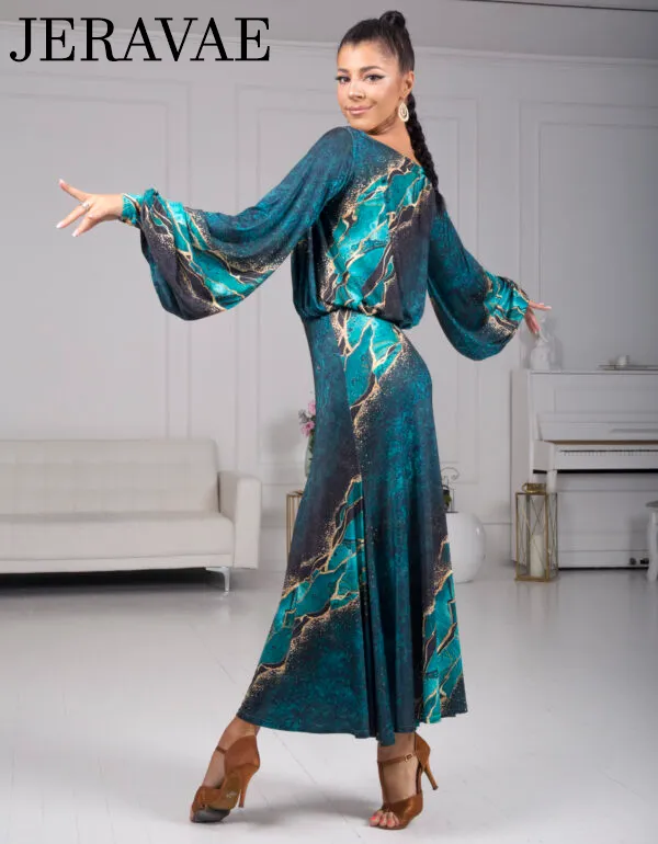 Body Positive Senga Dancewear TRIBAL Turquoise and Gold Pattern Ballroom Practice Dress with Lantern Sleeves and Elastic Waistline in Sizes XL-4XL PRA 968 in Stock