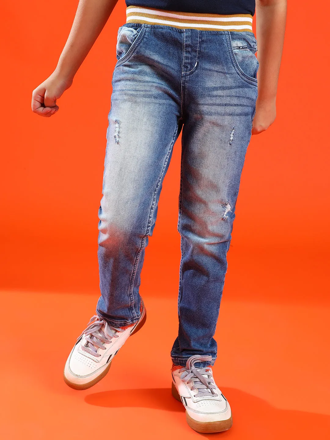 Boys Mid Blue Denim Casual Joggers