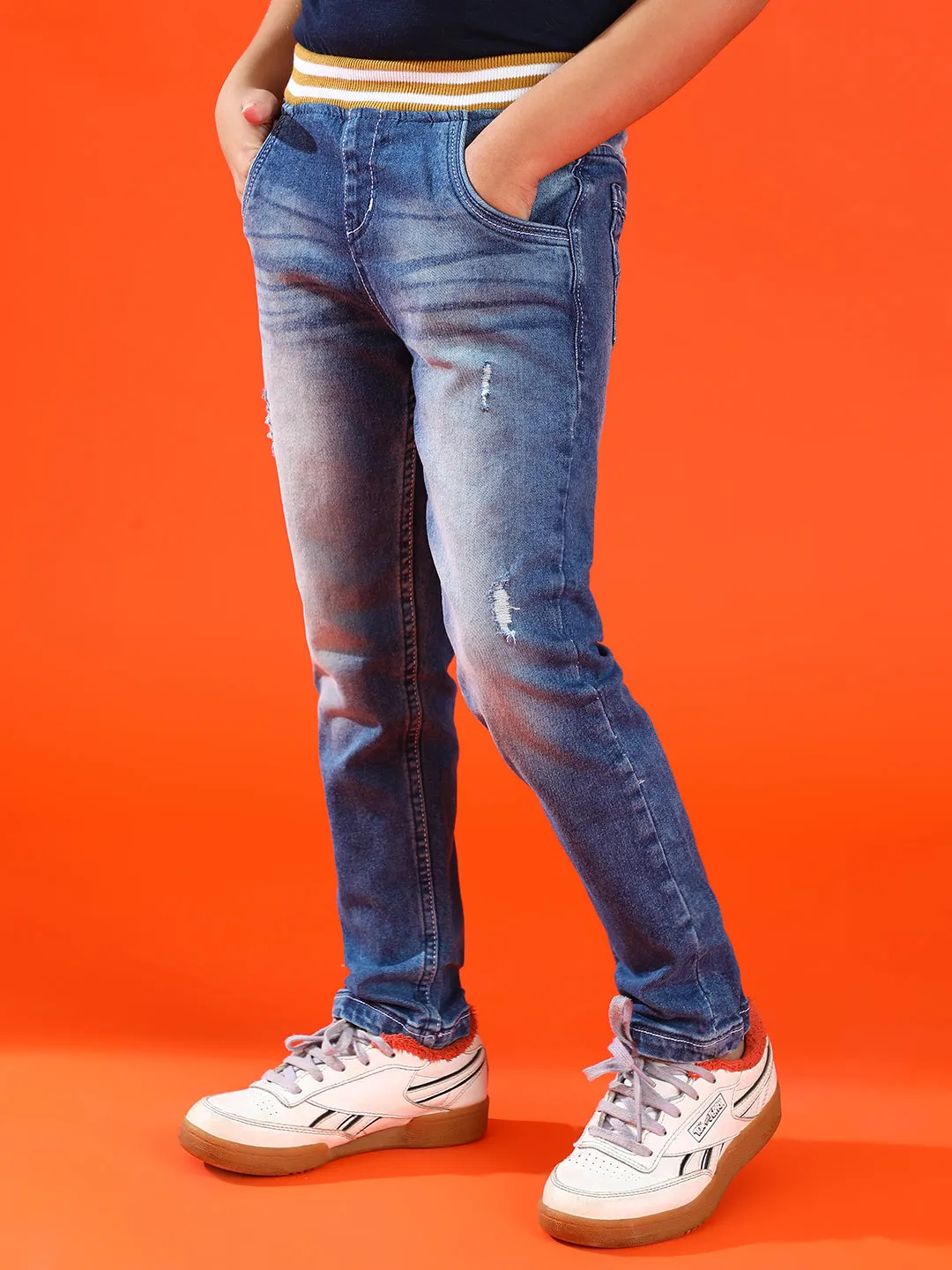 Boys Mid Blue Denim Casual Joggers