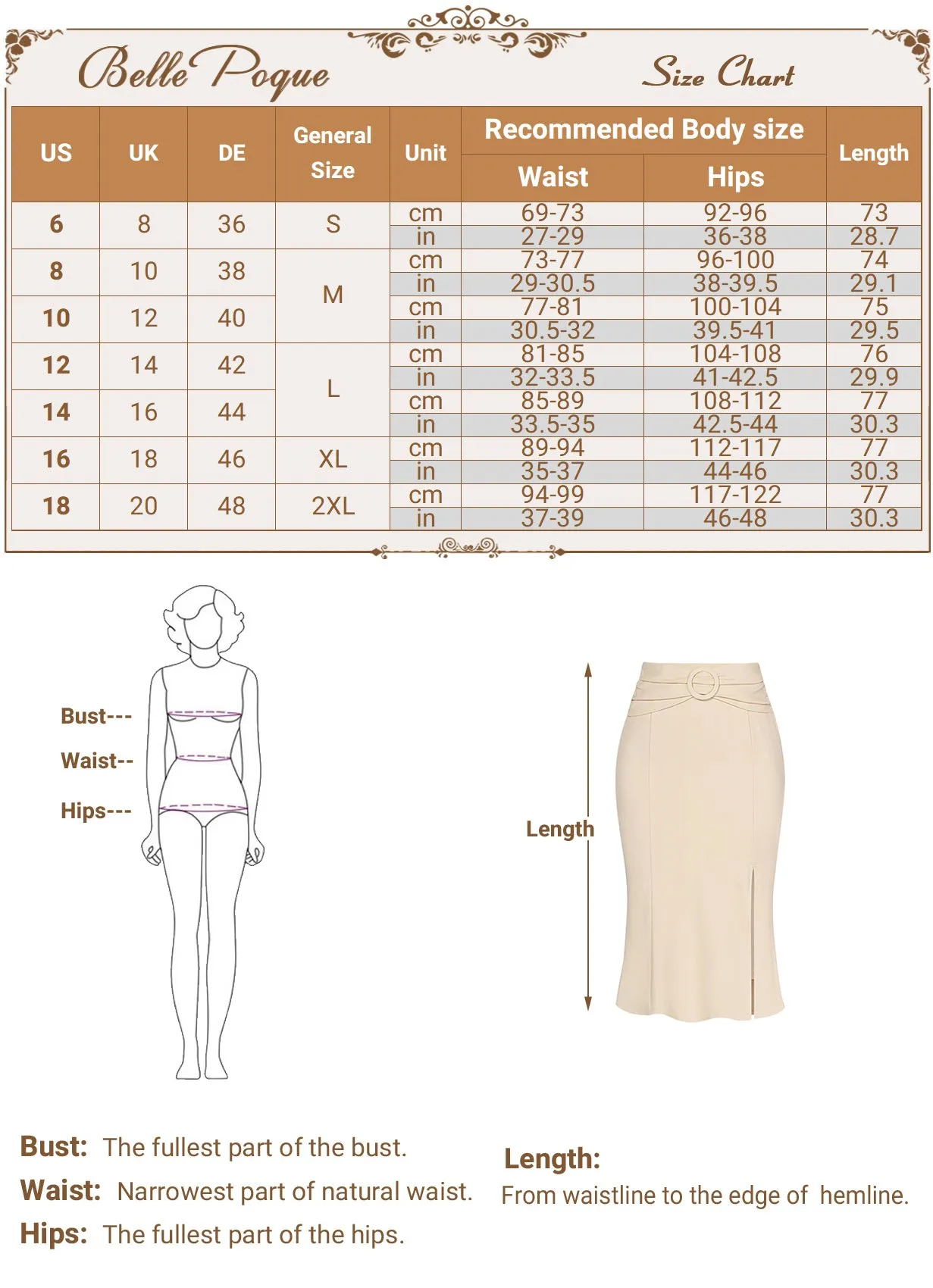 BP Women Vintage Front Slit Skirt Elastic Waist Mermaid Hem Bodycon Skirt