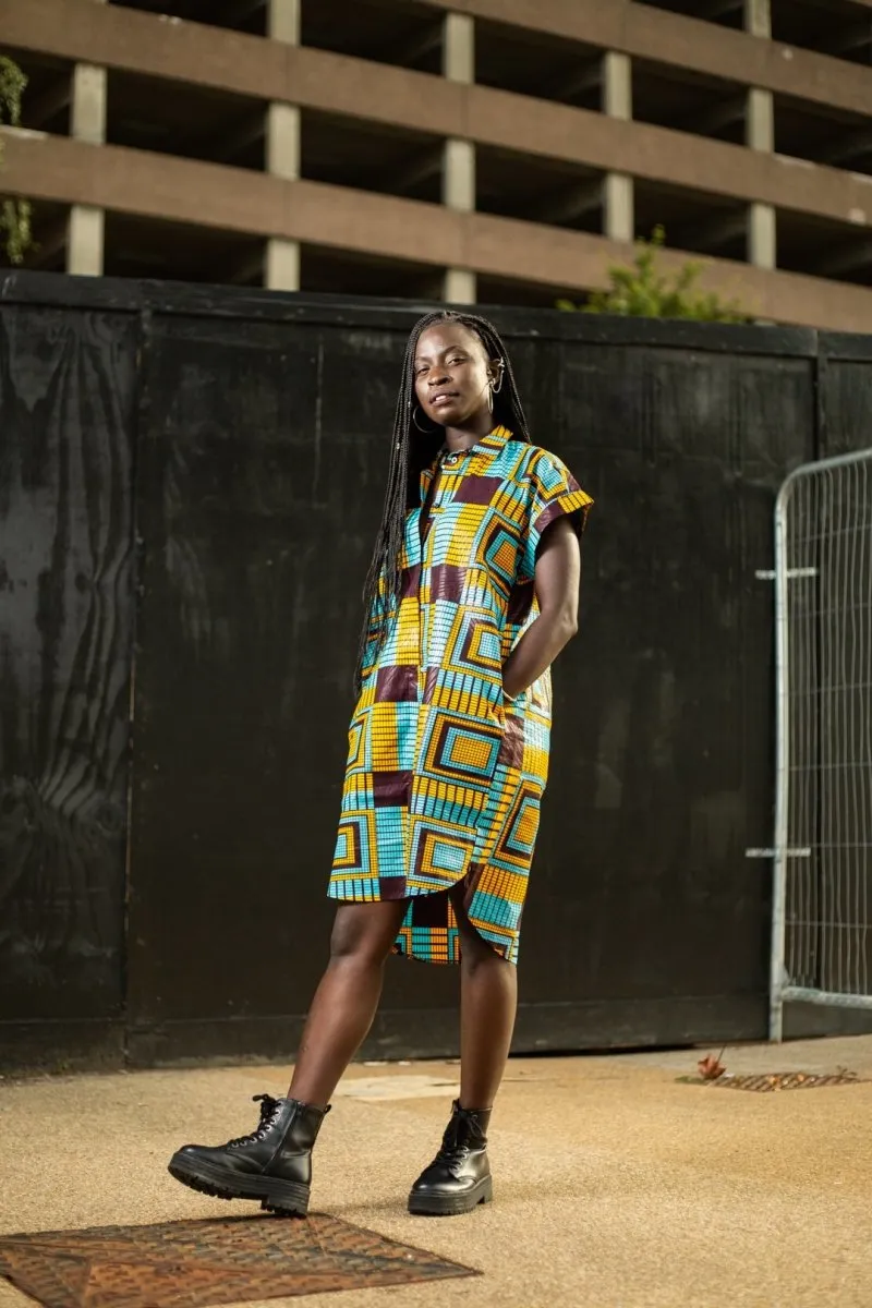 Brilliant Blue African Shirt Dress In Beautiful Blue Kente