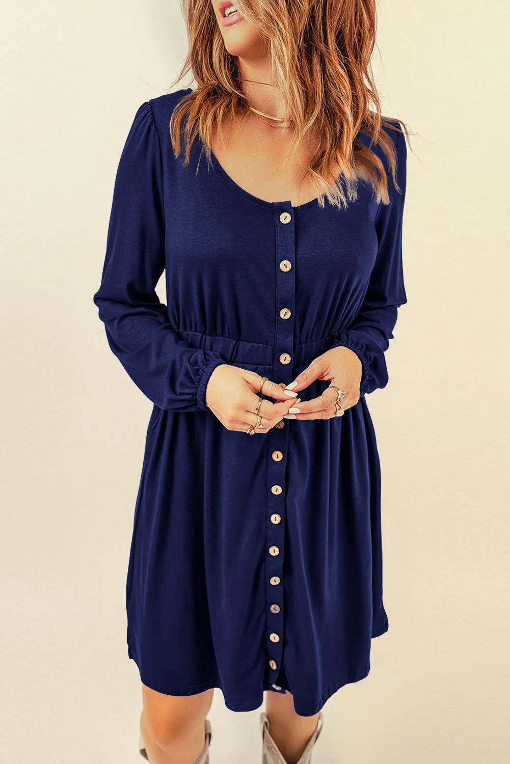 Button Down Long Sleeve Dress with Pockets