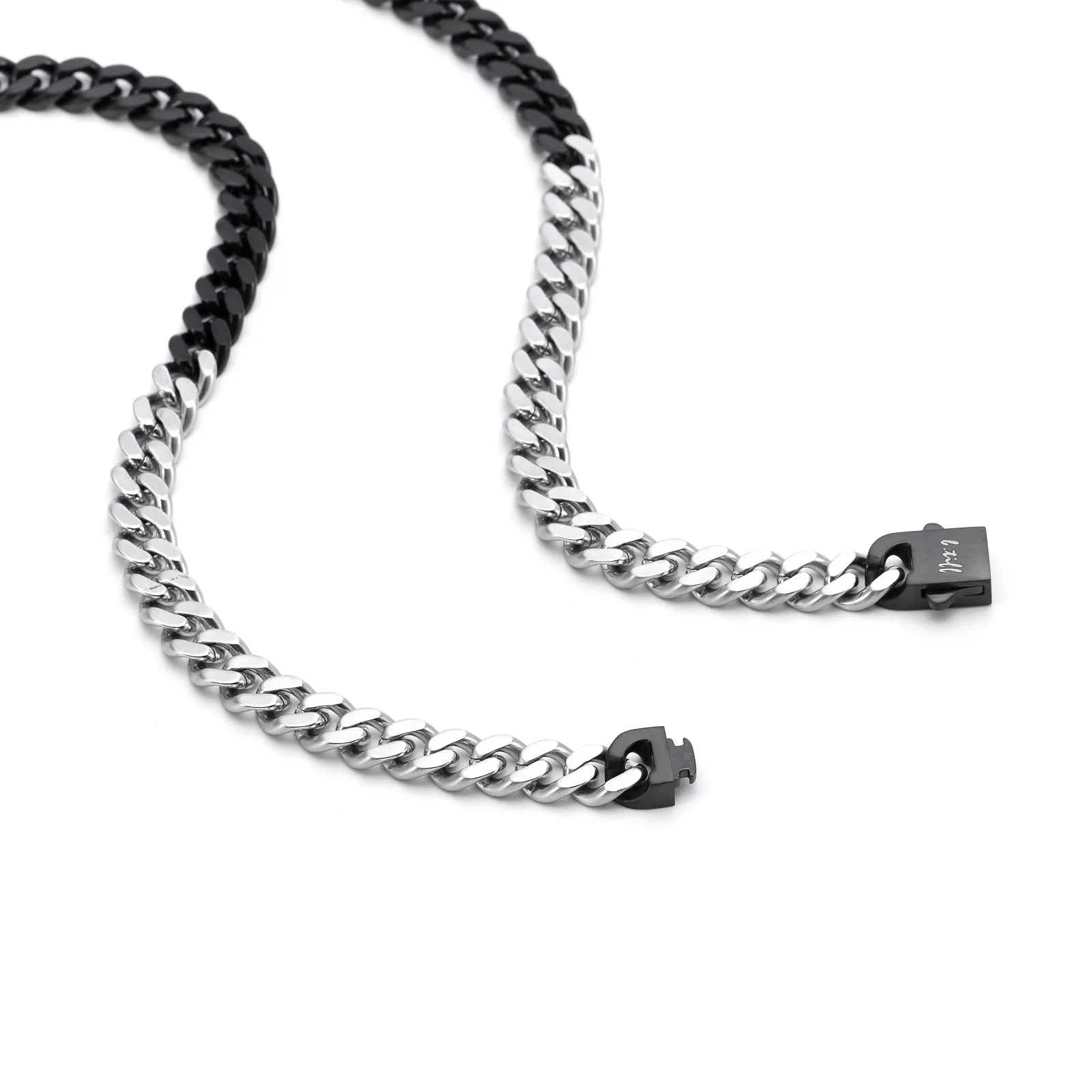 C138BW B.Tiff 8mm 2 Tone Matte Black Anodized & High Polish Stainless Steel Flat Cuban Link Necklace