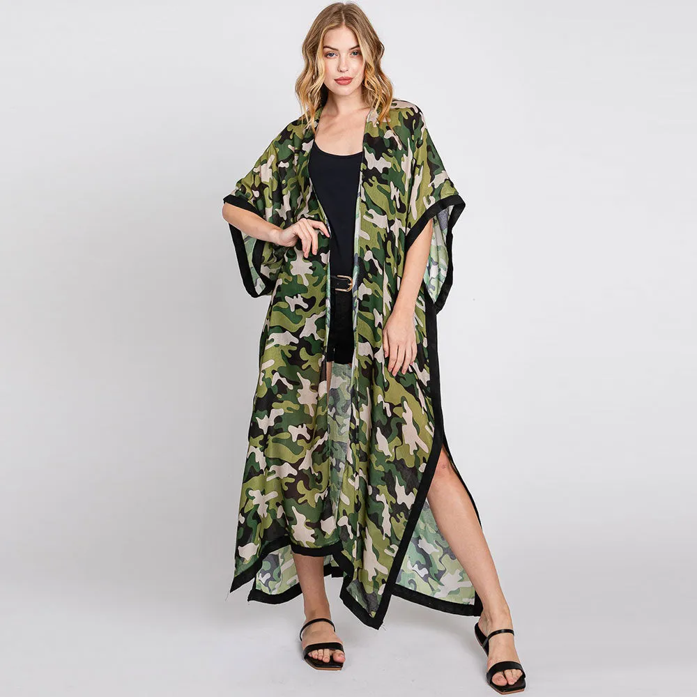 Camo Print Front Open Long Kimono Poncho