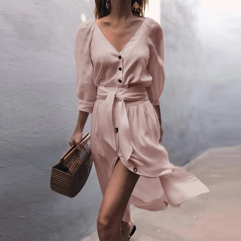 Casual Front Tie Mid Sleeve Button Front Shirt Dress