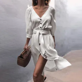 Casual Front Tie Mid Sleeve Button Front Shirt Dress