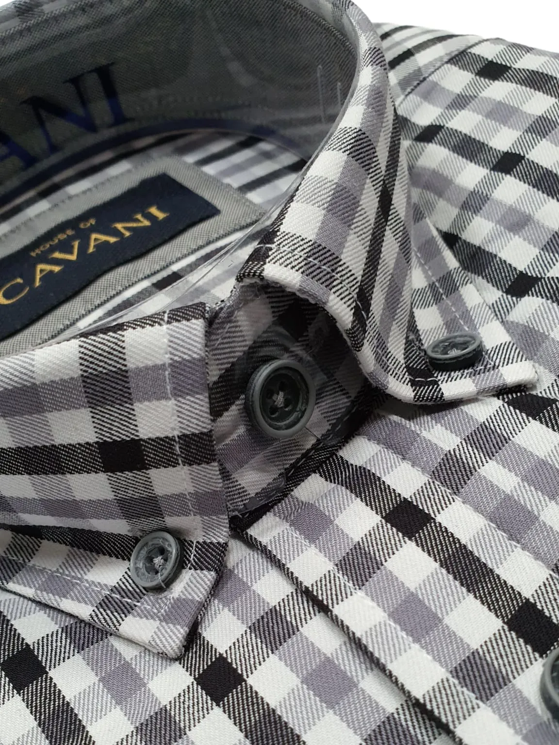 Cavani Men's Grey Gingham Button Down Collar Shirt