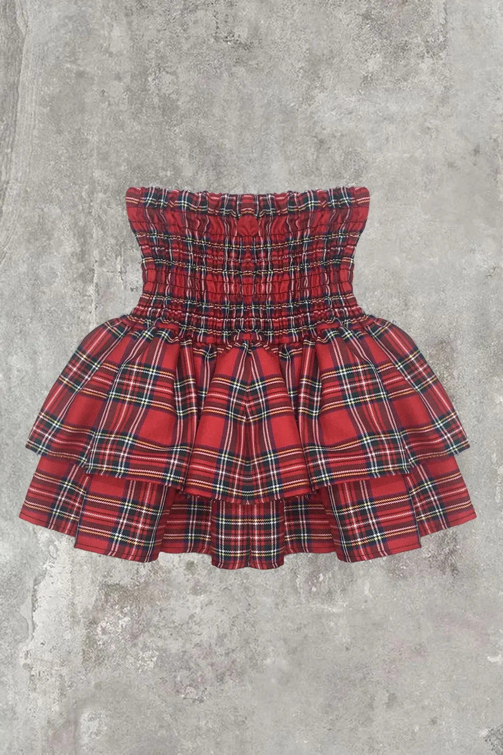 Cece Red Check Shirred Waist Ruffle Hem Mini Skirt